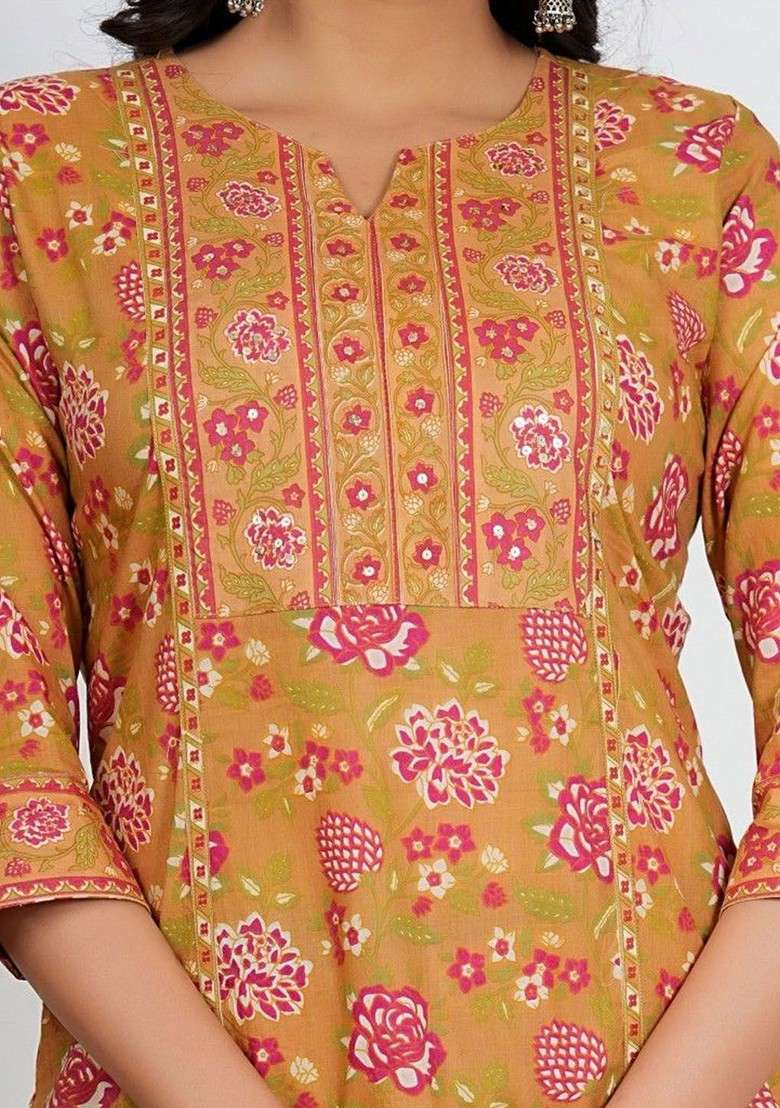 Mustard Embroidered Poly Blended Kurta Sets - Indya