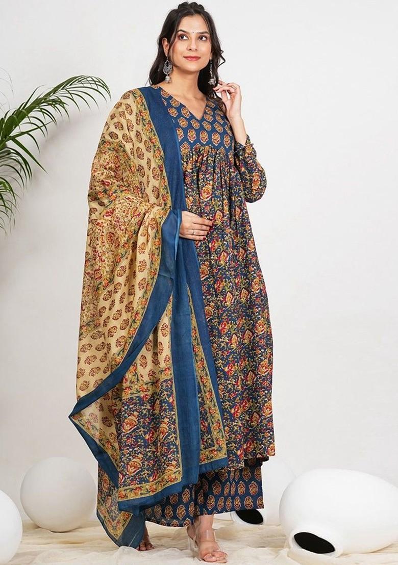 Blue Embroidered Poly Blended Kurta Sets - Indya