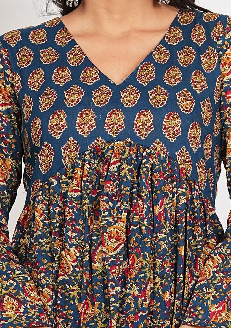 Blue Embroidered Poly Blended Kurta Sets - Indya