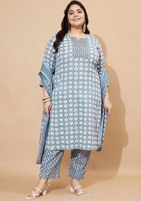 Grey Embroidered Poly Blended Kurta Sets