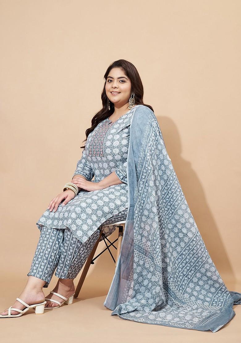 Grey Embroidered Poly Blended Kurta Sets - Indya