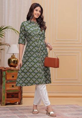 Green Embroidered Poly Blended Kurtas