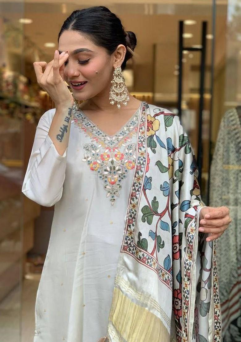 Cream Embroidered Poly Blended Kurta Sets