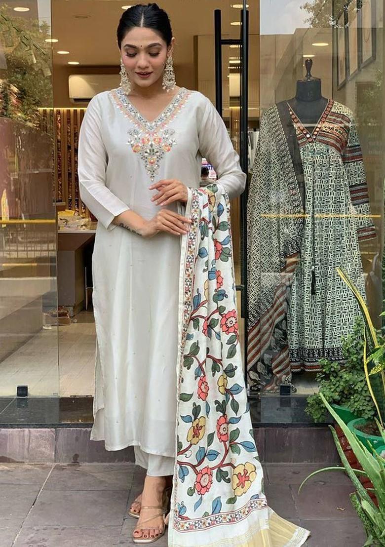 Cream Embroidered Poly Blended Kurta Sets