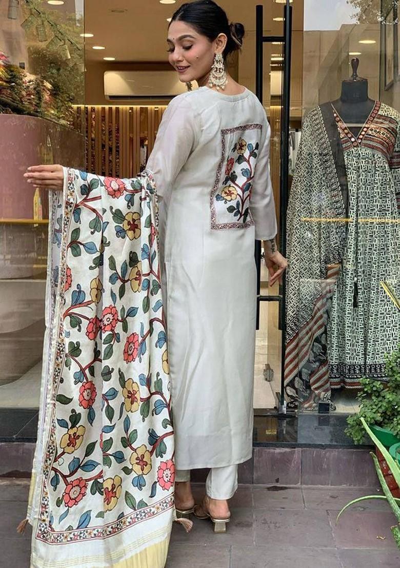 Cream Embroidered Poly Blended Kurta Sets