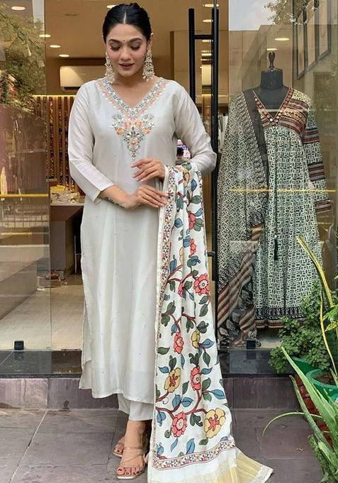 Cream Embroidered Poly Blended Kurta Sets