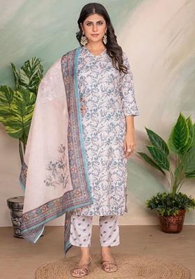Cream Embroidered Poly Blended Kurta Sets