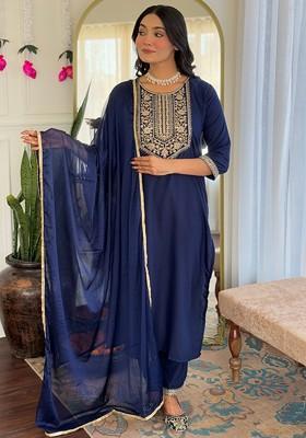 Navy Blue Embroidered Poly Blended Kurta Sets
