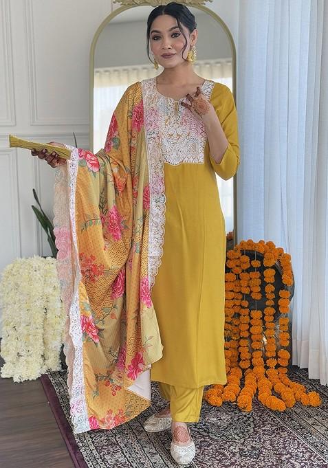 Yellow Embroidered Poly Blended Kurta Sets