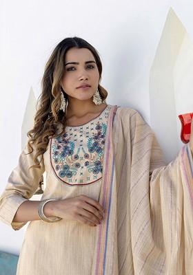 Beige Embroidered Poly Blended Kurta Sets