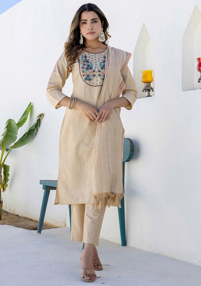 Beige Embroidered Poly Blended Kurta Sets - Indya