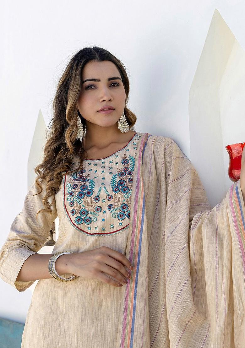 Beige Embroidered Poly Blended Kurta Sets - Indya