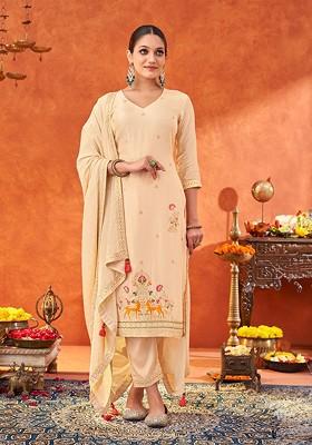 Cream Embroidered Poly Blended Kurta Sets