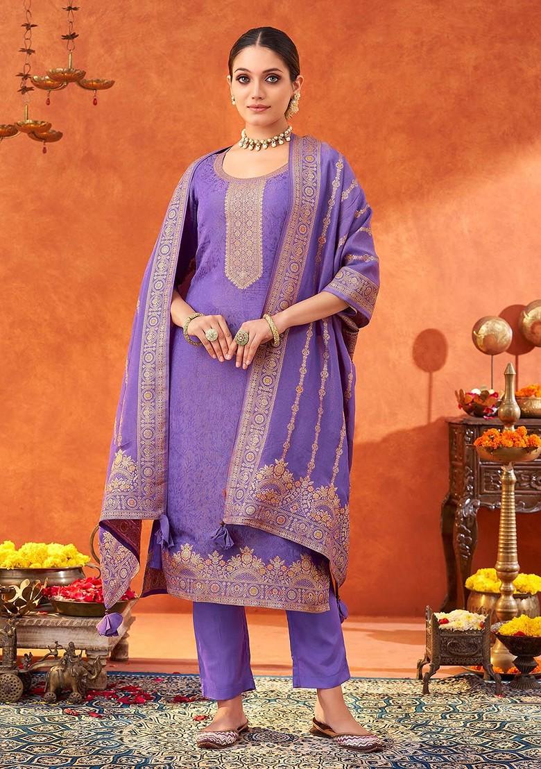 Lavender Embroidered Poly Blended Kurta Sets - Indya