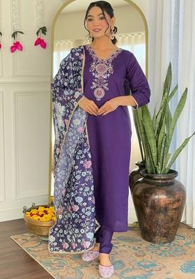 Violet Embroidered Poly Blended Kurta Sets