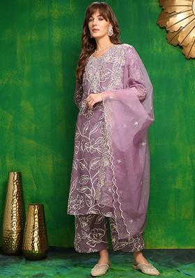 Lavender Embroidered Poly Blended Kurta Sets