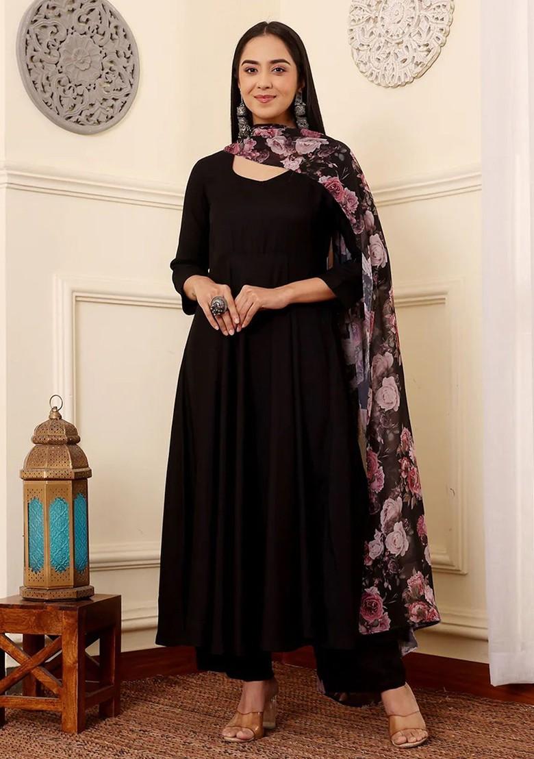 Black Embroidered Poly Blended Kurta Sets - Indya