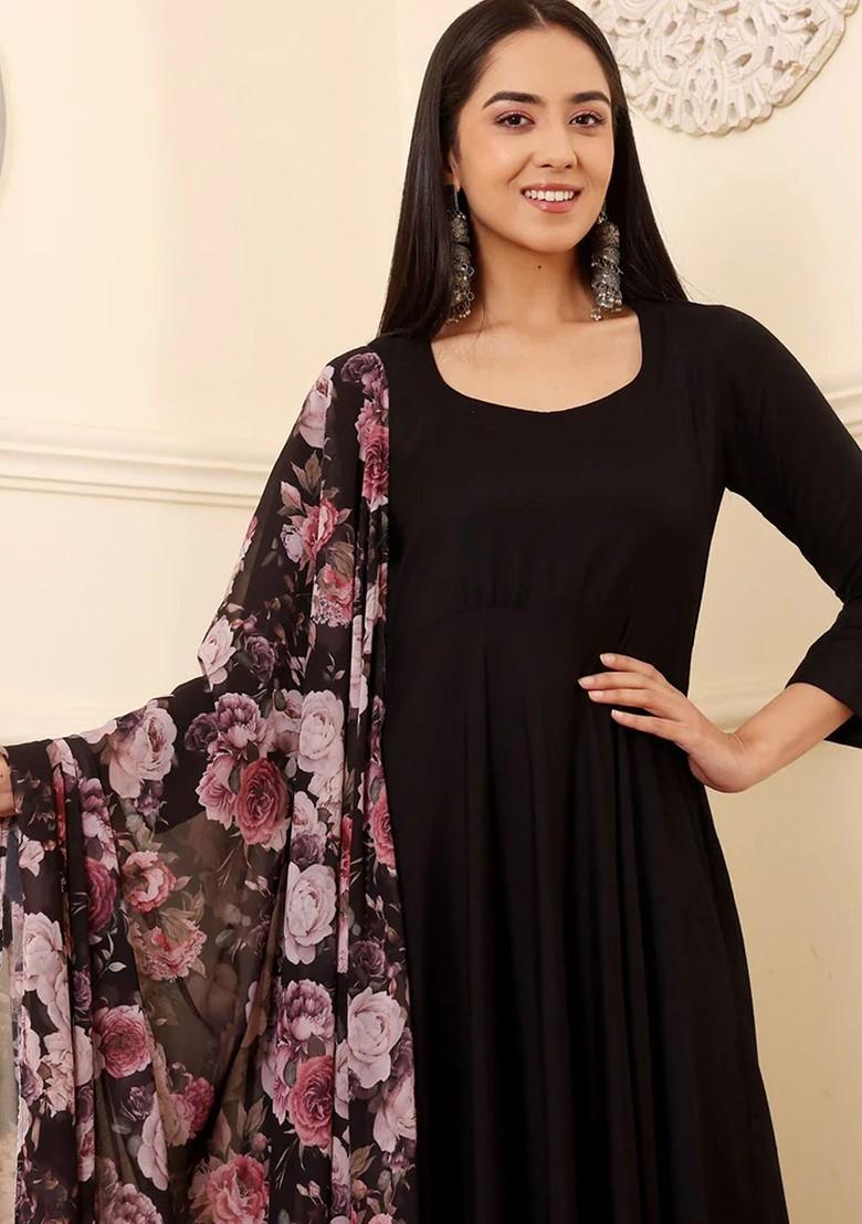 Black Embroidered Poly Blended Kurta Sets - Indya