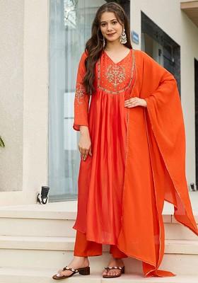 Orange Embroidered Poly Blended Kurta Sets