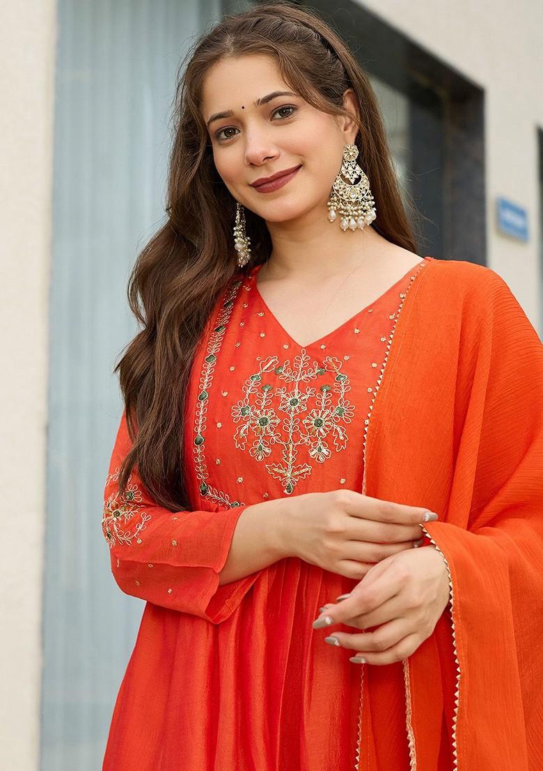 Orange Embroidered Poly Blended Kurta Sets - Indya