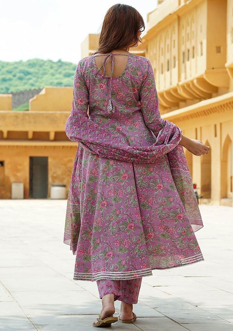 Mauve Embroidered Poly Blended Kurta Sets - Indya