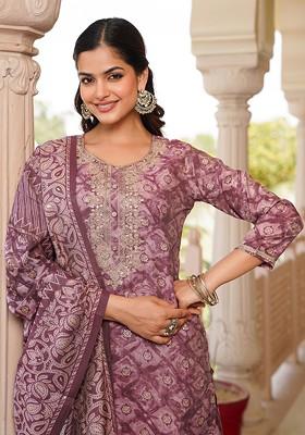 Mauve Embroidered Poly Blended Kurta Sets