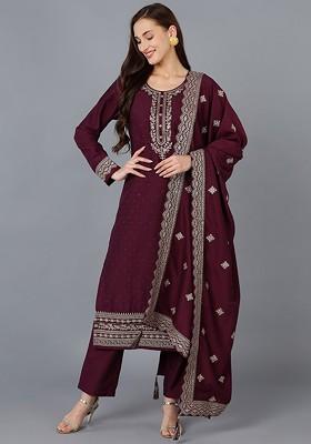 Burgundy Embroidered Poly Blended Kurta Sets