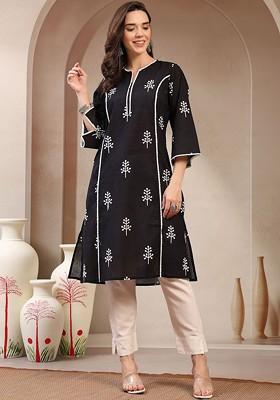 Black Embroidered Poly Blended Kurtas