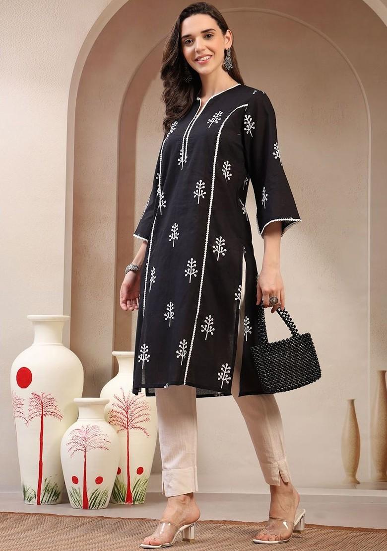 Black Embroidered Poly Blended Kurtas - Indya