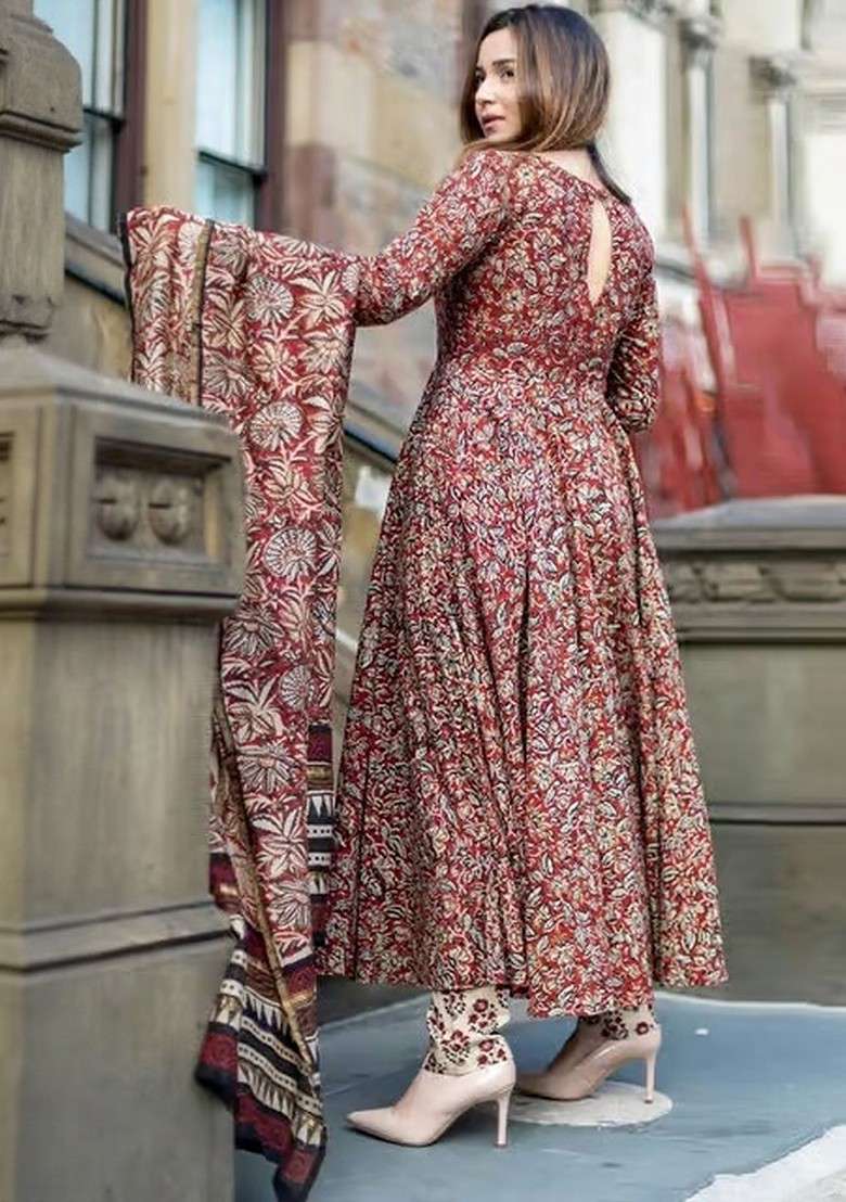 Maroon Embroidered Poly Blended Kurta Sets - Indya