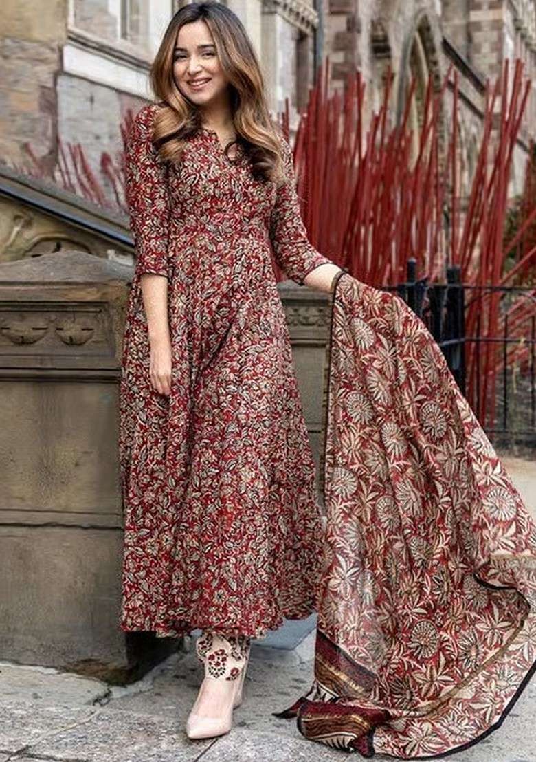 Maroon Embroidered Poly Blended Kurta Sets - Indya