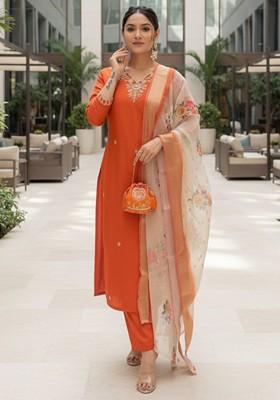 Orange Embroidered Poly Blended Kurta Sets