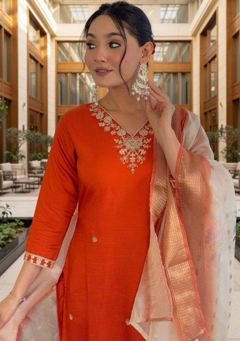 Orange Embroidered Poly Blended Kurta Sets - Indya
