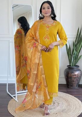 Mustard Embroidered Poly Blended Kurta Sets