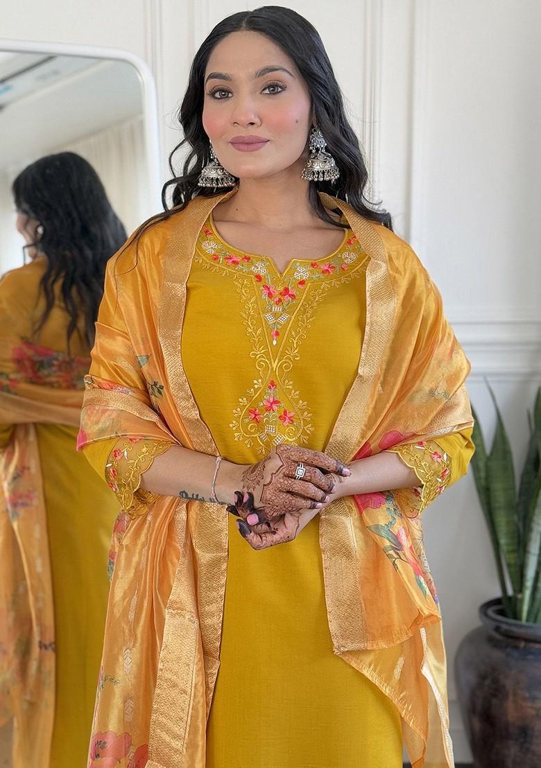 Mustard Embroidered Poly Blended Kurta Sets - Indya