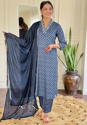 Navy Blue Embroidered Poly Blended Kurta Sets