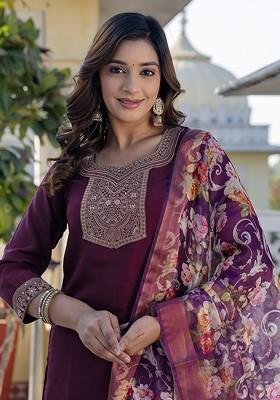 Magenta Embroidered Poly Blended Kurta Sets