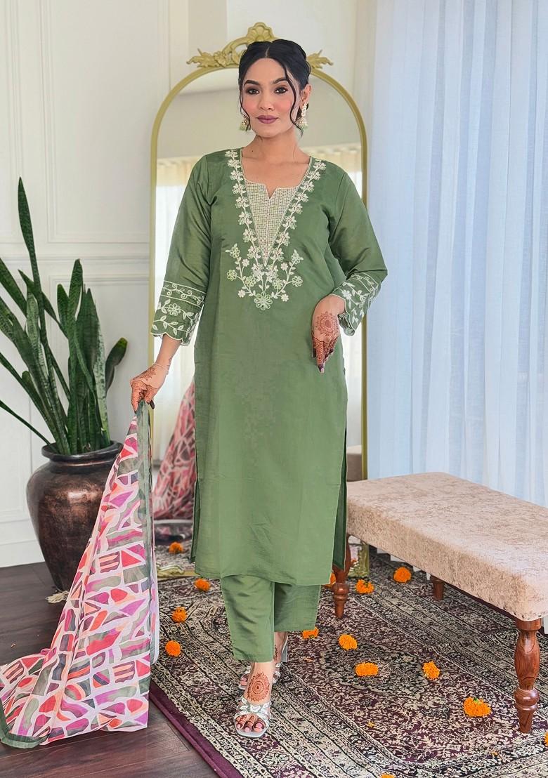 Green Embroidered Poly Blended Kurta Sets