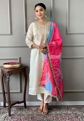 Cream Embroidered Poly Blended Kurta Sets