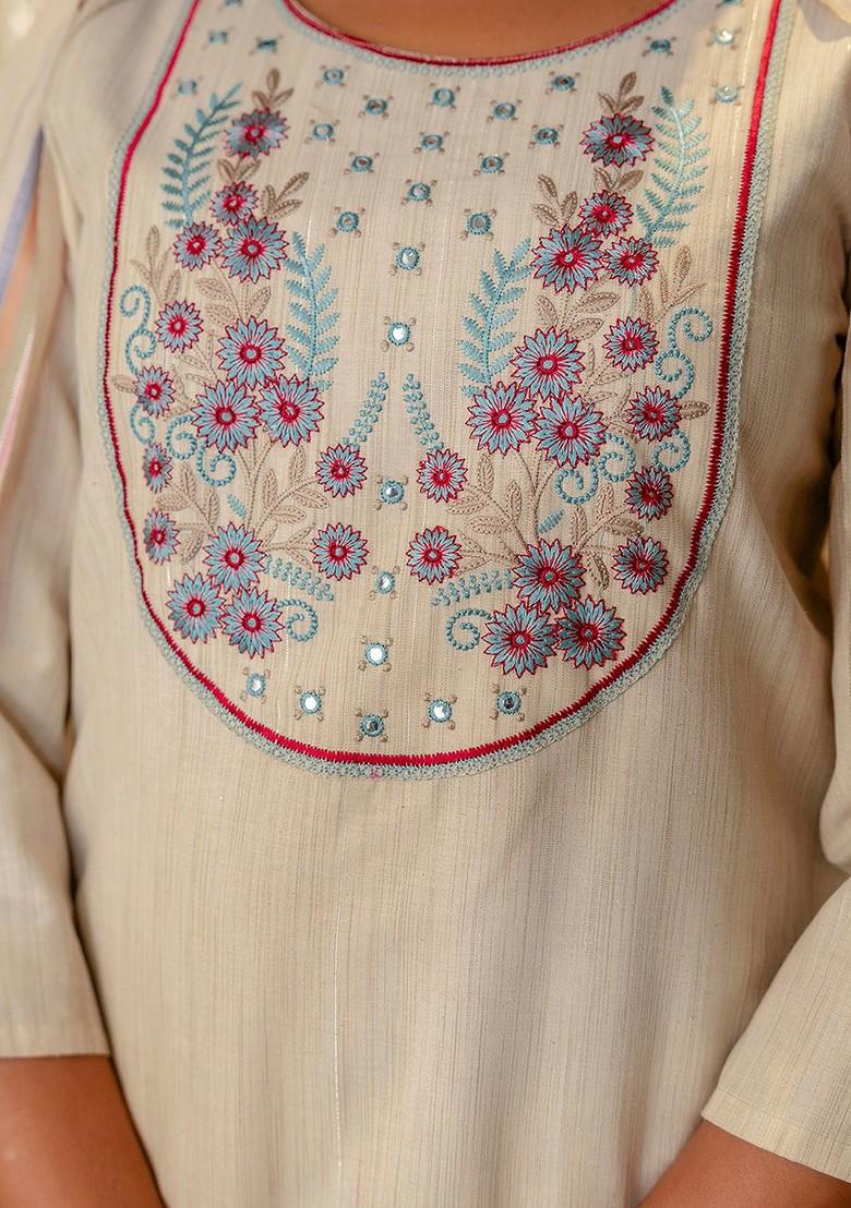Beige Embroidered Poly Blended Kurta Sets - Indya