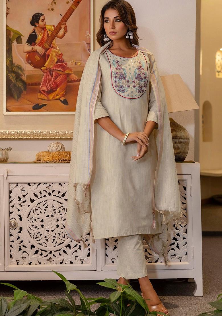 Beige Embroidered Poly Blended Kurta Sets - Indya