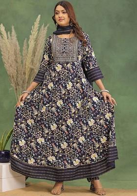 Navy Blue Embroidered Poly Blended Kurta Sets