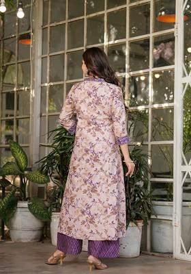 Beige Embroidered Poly Blended Kurta Sets