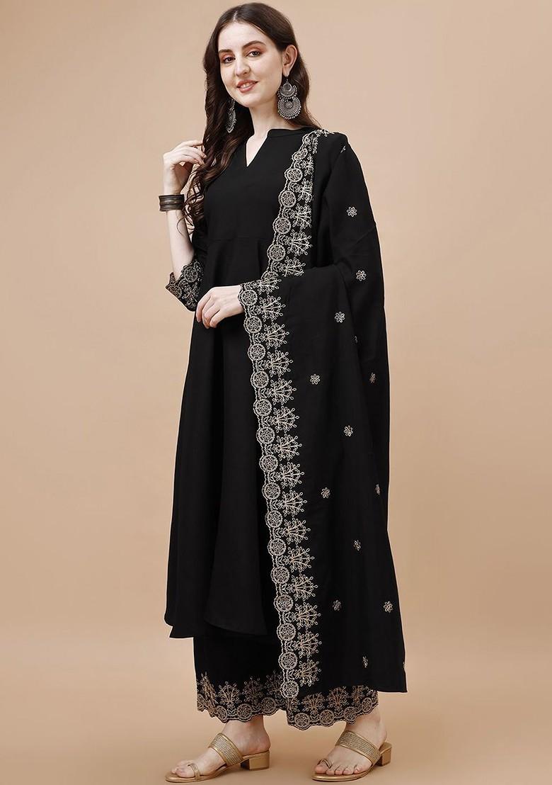 Black Embroidered Poly Blended Kurta Sets - Indya