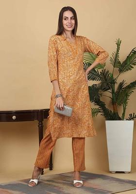 Mustard Embroidered Poly Blended Kurta Sets