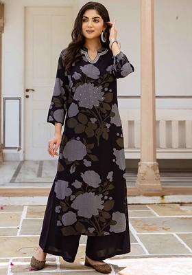 Navy Blue Embroidered Poly Blended Kurta Sets