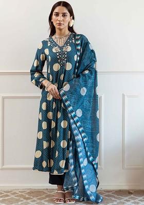 Teal Embroidered Poly Blended Kurta Sets