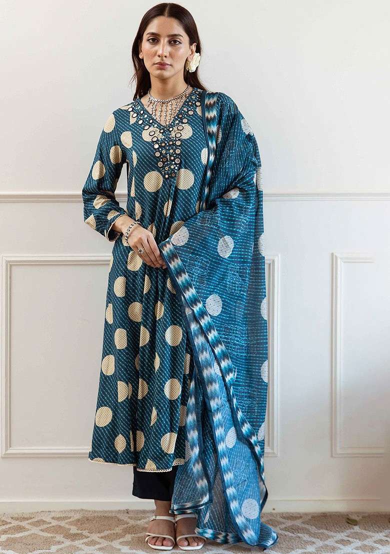 Teal Embroidered Poly Blended Kurta Sets - Indya