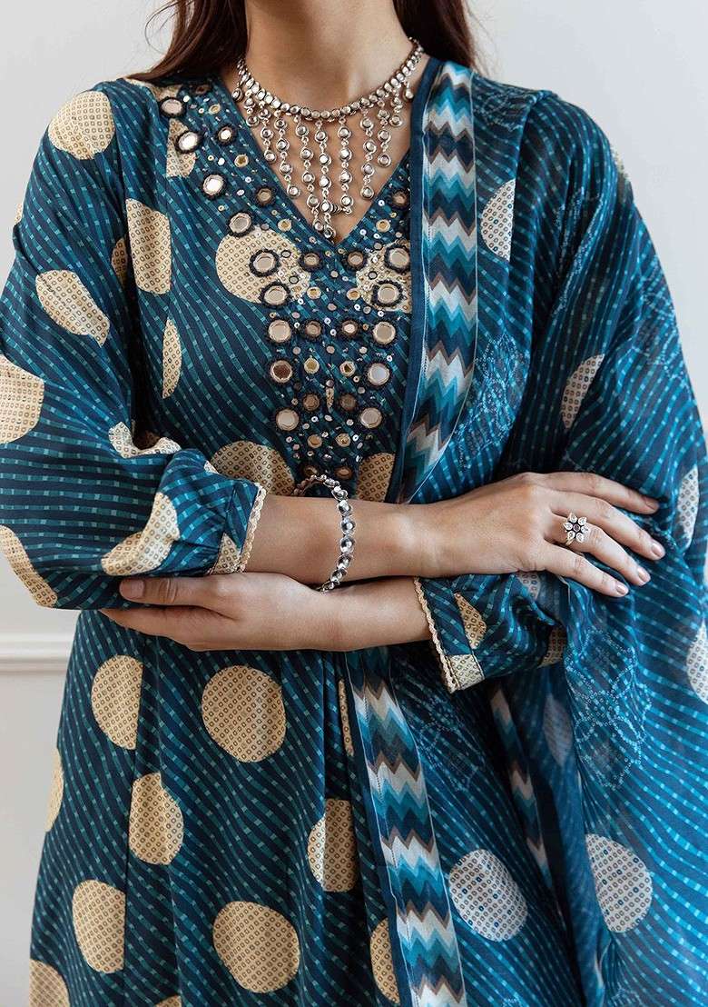 Teal Embroidered Poly Blended Kurta Sets - Indya