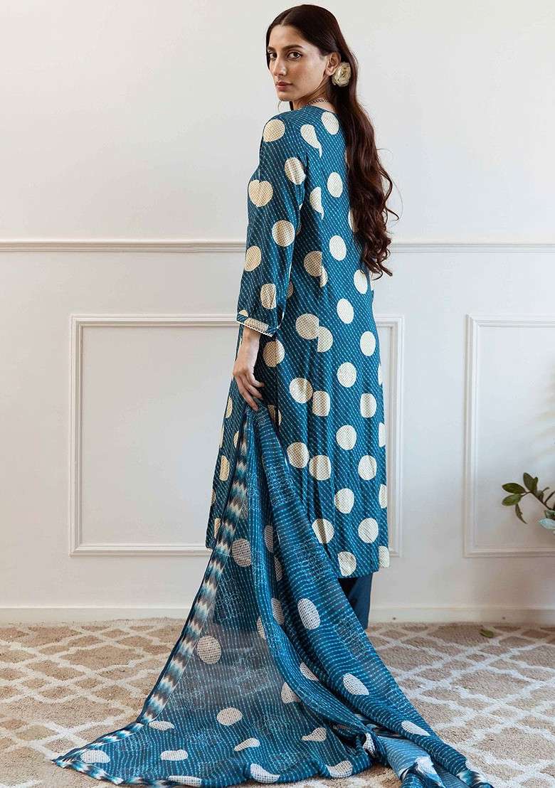 Teal Embroidered Poly Blended Kurta Sets - Indya